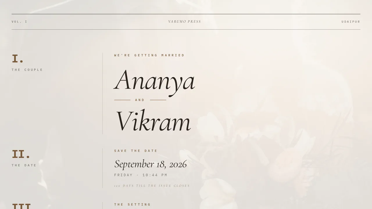 Editorial Roman — wedding template hero preview