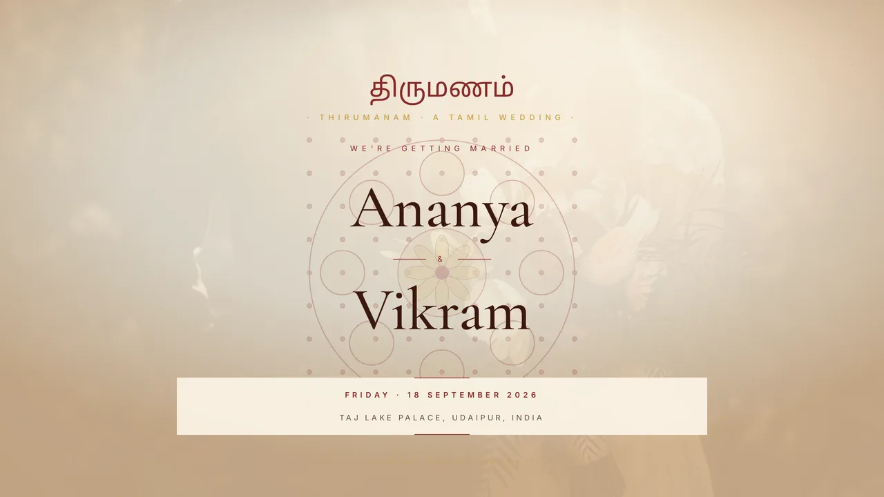 Kolam Threshold — wedding template hero preview